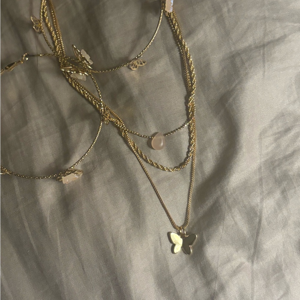 Gold Butterfly Layered Necklace Set with Matching Hoop Earrings